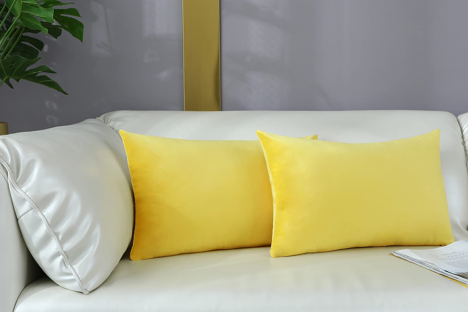 mixeooComfy Lemon Yellow Throw Pillow Covers Decorative Lumbar Solid Rectangle Thick Velvet Super Soft Cushion Cases Home Decor for Sofa Couch Living Room Chair, Set of 2, 12 x 20 Inch