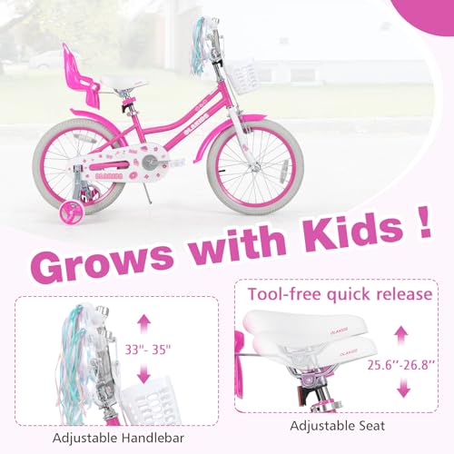 Image of Olakids Kids Bike, 12 14 16 18 20 Inch Girls Bicycle with Doll Seat Basket Adjustable Seat and Handlebar, Handbrake and Coaster Brake