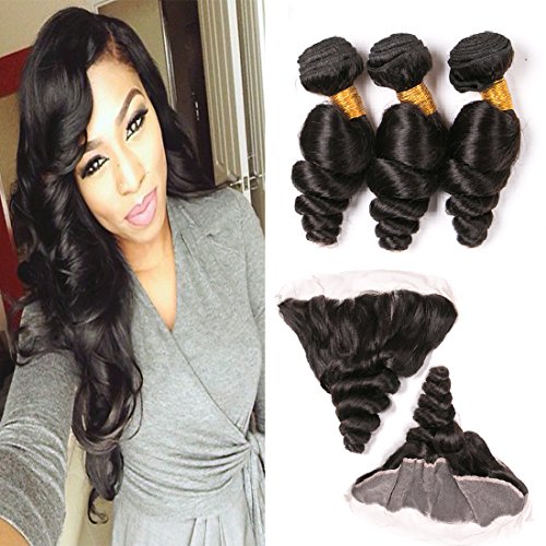 Loose Wave 3 Bundles With Frontal Brazilian Virgin Human Hair 20 22 24+18 Inch 13x4 Ear To Ear Lace Frontal Pre Plucked 10A Unprecessed Loose Wavy Double Weft Real Hair Weaves Natural Black Color