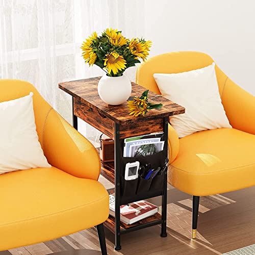 End Table With Charging Station, Narrow Side Table With Usb Port And Outlet, Flip Top Nightstand With Storage Shelf, Storage Bag For Small Spaces, Bedside Table For Living Room, Bedroom (Brown) #TOP7