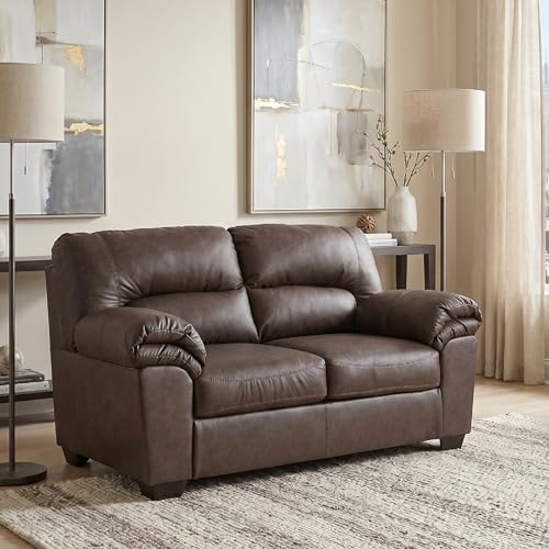 Image of Signature Design by Ashley Faux Leather Loveseat Sofa Couch, Umber Brown | No-assembly 66 in profile, Anti-sag platform foundation with jumbo stitching, WalkerPoint Series