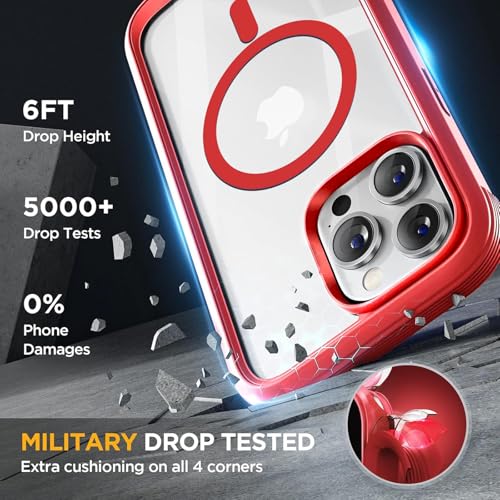 Image of Miracase Magnetic for iPhone 14 Pro Max Case 6.7 inch, (Compatible with MagSafe) Upgrade Full-Body Clear Phone Bumper Case with Built-in 9H Tempered Glass Screen Protector, Magnetic Red