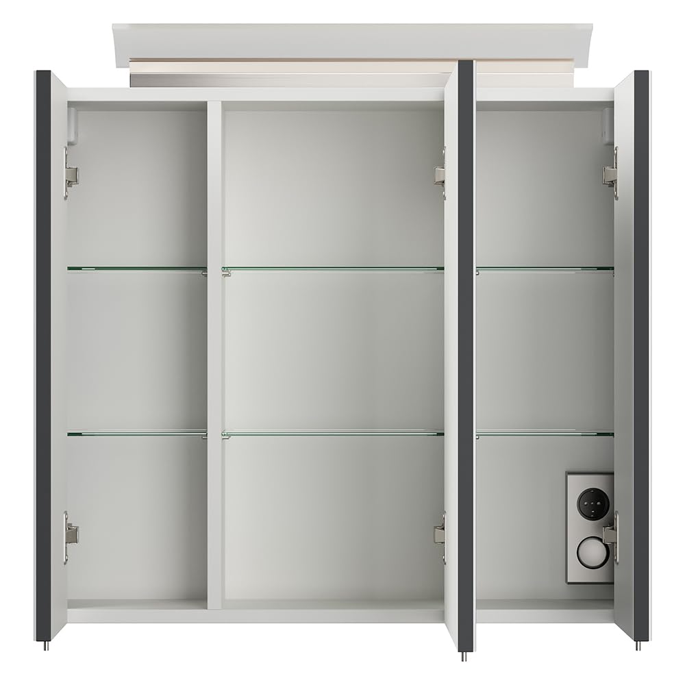 Lomadox Badezimmer Spiegelschrank 70cm, 3-türig, grau mit LED-Aufsatzleuchte, Glasböden, 3D-Funktion, Kombibox (Steckdose mit Schalter)