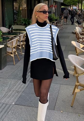 Lueluoye Sweater Vest for Women 2024 Crew Neck Cap Sleeve Tops Striped Knit Tank Top S-2XL2