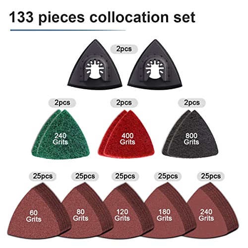 Vrket 133Pcs Oscillating Tool Sanding Pads Kit,125Sandpaper, 2 Triangular Sanding Pads And 6 Triangular Scrubbing Pads For Surface Sanding,Mechanical Maintenance Cleaning, Polishing, Deburring #TOP1