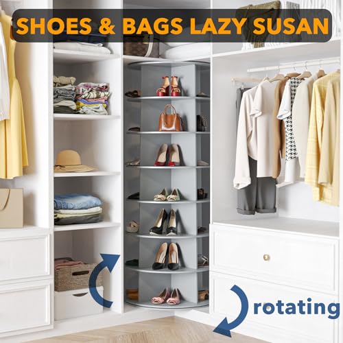 SpaceAid 7 Tier Rotating Shoe Rack Tower, Spinning Shoe Display Lazy Susan, Revolving 360 Shoe Rack Storage Round Carousel, Vertical Handbag Rotate Shoes Closet Organization (7-Tier Gray)