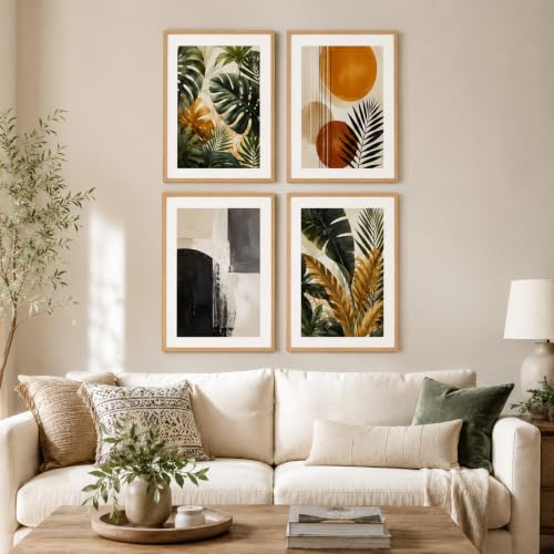 Image of Livin'luxe Set of 4 Tropical Botanical & Geometric Abstract Wall Paintings with Sparkle Laminate and Premium Wooden Synthetic Frame for Living Room Bedroom Office Decor (13.5 x 19.5 Inch)
