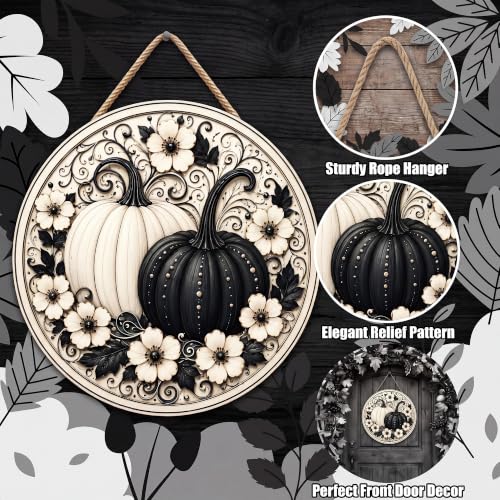 Image of Fall Decor - Black and White Pumpkin Wreath Door Sign for Front Door | Round Wooden Fall Pumpkin Hanging Decor for Front Porch | Autumn Thanksgiving Door Wall Decor - Fall Decorations for Home