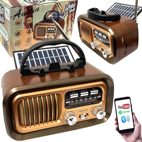 Radio Retro Retropolis Austin Solar USB microSD Bluetooth – Estilo Vintage, Batería 1200 mAh, USB-C, Am/FM/SW