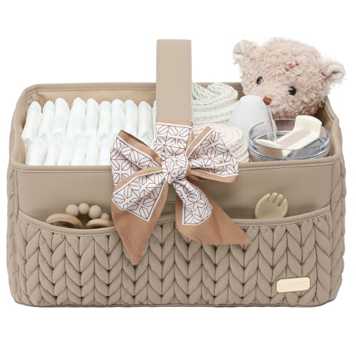 Image of LUKJOJO Luxurious Baby Diaper Caddy, Nursery Storage Basket for Newborn Essentials, Travel Baby Basket for Diapers Baby Wipes, Organizer Tote Bag Storage Bin, Baby Shower Gifts(Beige)