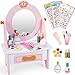 Wooden Vanity Set for Kids, Pretend Play Toddler Makeup Vanity Table Toys with 360Â° Rotatable Mirror, Beauty Salon Set Includes Makeup Accessories & Bonus Stickers, Little Girls Gift Age 3+