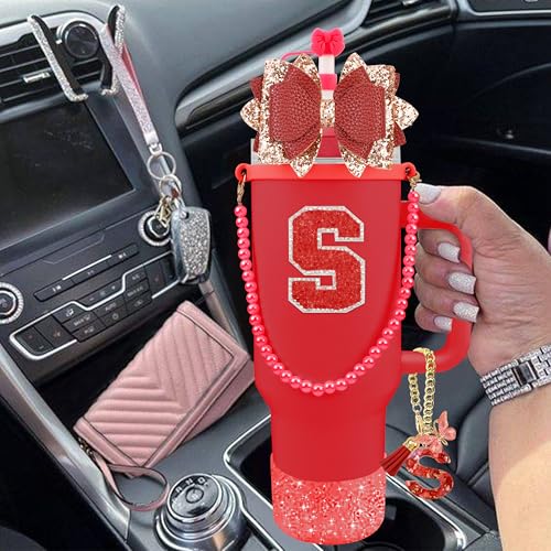 Hpebl 9PCS Red for Stanley Cup Accessories Set Bling Initials Bow Charms for Stanley Decorations 30/40 Oz Tumbler Accessories Including Bow Straw Topper, Handle Strap, Spill Stopper（Letter S） - image 6