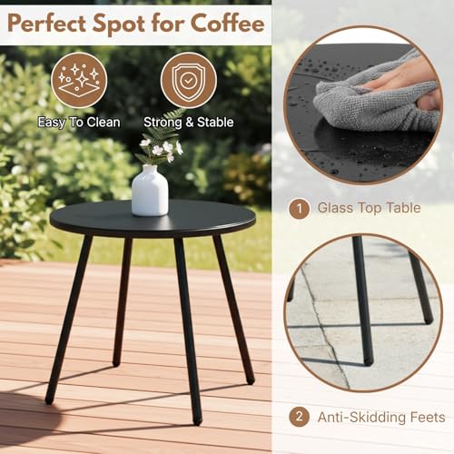 Image of DEVOKO 3-Piece Outdoor Rope All-Weather Water-Resistant Cushion with Glass Top Table Metal Frame Perfect for Garden, Balcony, Terrace, Patio(Black & Grey)