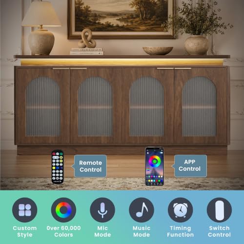 Image of LKTART 65.3 inch Sideboard Buffet Cabinet with Arched Doors LED Lights,Walnut