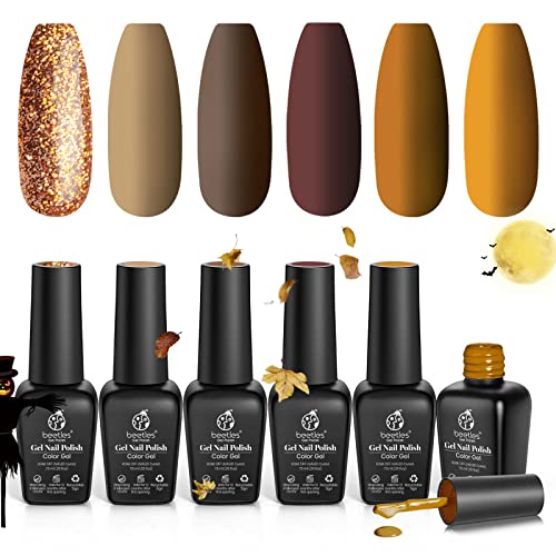 Beetles Gel Nail Polish Set, Caramel Colors Series Brown Yellow Nail Gel Gold Glitter Gel Polish Fall Winter Gel Nail Kit Soak Off Nail Lamp LED Cured for Halloween Nail Art Design Gifts for Women