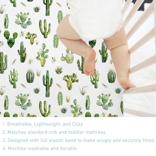 Image of Watercolor Green Cactus Baby Crib Sheet 52''x28'' Boho Cactus Leaves Stretchy Fitted Crib Mattress Cover for Boy Girl Wild Desert Plants Soft Baby Bed Sheets for Standard Crib and Toddler Mattress