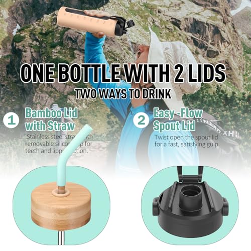 Image of 32oz Glass Water Bottle with Straw and 2 Lids, Mint Green | Bamboo and Spout Lid, Non-slip Silicone Sleeve, with Motivational Time Marker, Reusable for Gym, Sports, Outdoors