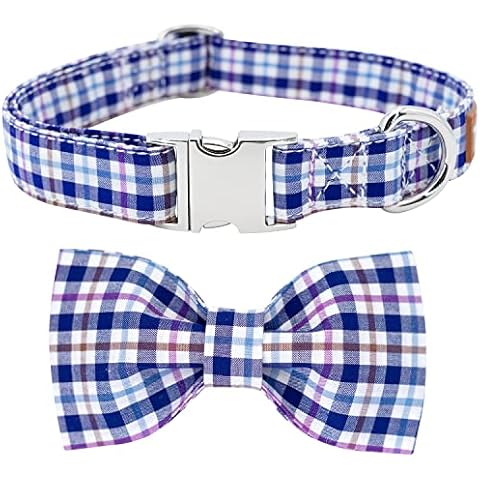 Tunkoo Dog Collar with Bow Tie Elegant Plaid Soft Comfy Cotton Adjustable Collar Premium Metal Buckle,Small Medium Large Puppy Cat Outdoor Training Walking Running（Bule Grid，L） Cover