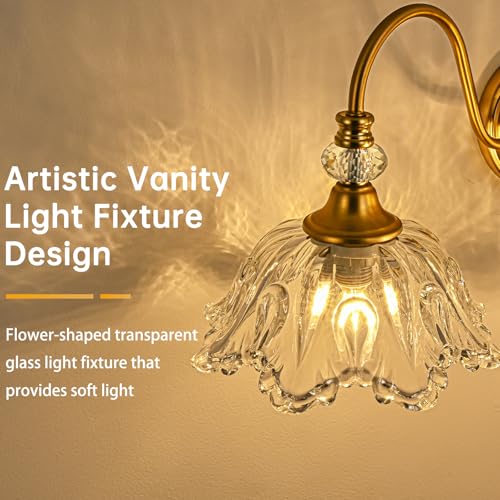 Image of Vintage Bathroom Vanity Light, 3-Light Matte Brass Finish Vanity Light with Floral Clear Glass Shades, Retro Wall Sconce for Bathroom, Dressing Table