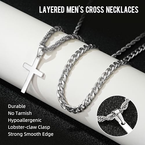 925 Sterling Silver Layered Cross Necklace for Men 18K White Gold Plated Pendant Necklace Stainless Steel Cuban Link Twist Chain Jewelry Gifts Cross Chain Necklace for Men 18-26 inches3