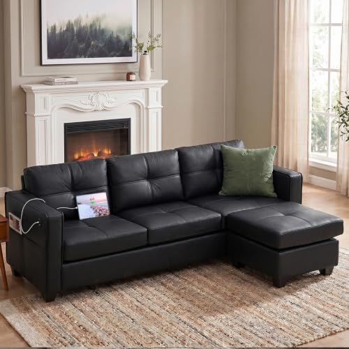 Image of Black Faux Leather Sofa, L-Shaped Sectional Couch, USB Ottoman, Living Room | TYBOATLE, Faux Leather Sectional Sofa, L Shaped Couch, Modular Convertible, Side Pockets, Living Room, RV, Apartment, Office