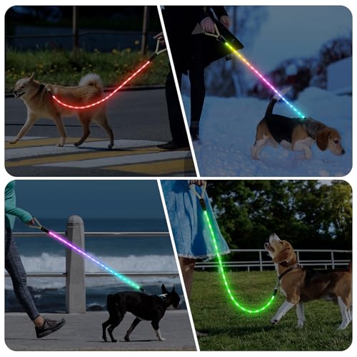 Sugiifamy LED Hundeleine, Wiederaufladbar Hundeleine für große, mittelgroße und kleine Hunde, 13 Beleuchtungsmodi mit Silikongriff, Sicherheit beim nächtlichen Spazierengehen (1.2M)
