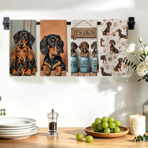 Image of 4 Pcs Dachshund Kitchen Towels 24x14 Inch, Dachshund Gifts Reusable Dish Towels for Kitchen Bathroom Decor, Weiner Dog Hand Cloth Tea Towel, Cute Dog Inspirational Gifts for Women Mom Friend