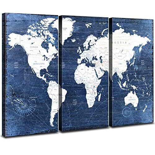 Abstract Navy Blue and White World Map Pictures Wall Art Set of 3 Vintage Watercolor World Map Canvas Print Paintings Wall Decor for Living Room
