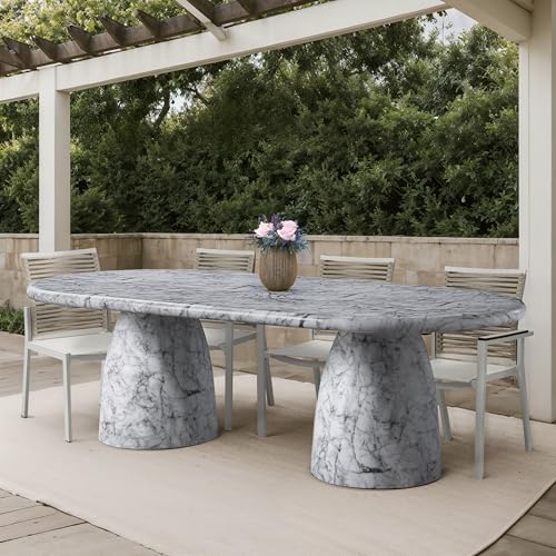 Image of Meridian Furniture 708White-T Cosenza Collection Art Deco 96 inch Indoor /Outdoor Concrete Dining Table with White Marble Finish, 96 inch W x 44.5 inch D x 30 inch H, White