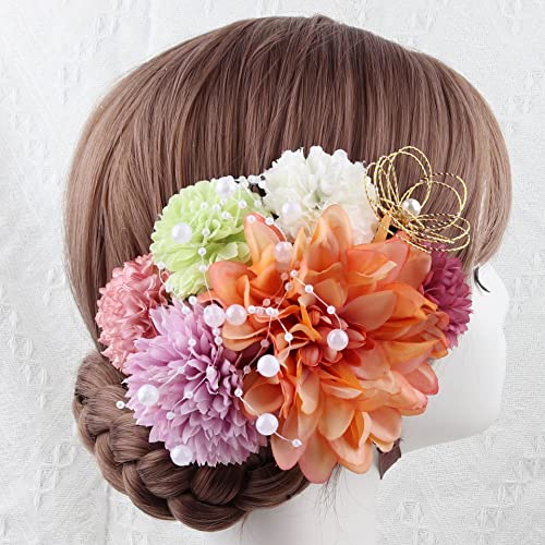 和風水引ヘアピン 髪飾り ヘアアクセサリー 成人式 花嫁 七五三 卒業式 フォーマル 結婚式 パーティー 手作り 髪コーム 和風フラワー かんざし (オレンジレッド)