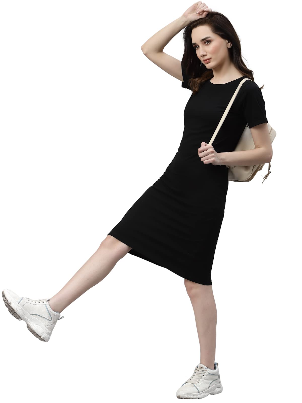 Rigo Women Black Round Neck Shorts Sleeve Bodycon Dress