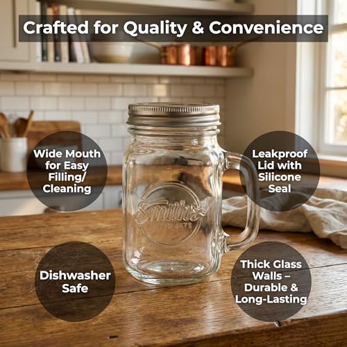 Smiths Mason Jars 6 Pack Pint16oz (473ml) Glass Old Fashioned Mugs with Handles and Screw Top | Drinking Glasses Ideal for Making Overnight Oats and Smoothies - Image 4