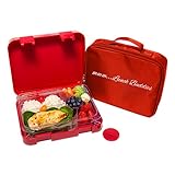 Bento Lunch Box-Red - by mmm...Lunch Buddies-Double Leak Proof Container-New Dual Latch-Great for Kids or adults +FREE INSULATED LUNCH BAG-Healthy Portion Plate-5 COMPARTEMENTS -Microwave-Dishwasher