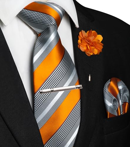 Image of JEMYGINS Mens Striped Tie and Lapel Pin Necktie Pocket Square and Tie Clip Sets for Business Casual 4PCS