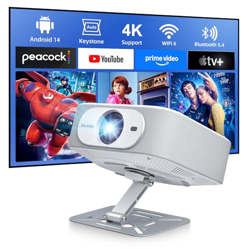 Salange Beamer Unterstützt 4K [Native 1080P |Integrierte App| Android 14], Smart Beamer mit WiFi6 und Bluetooth 5.4, Garten Projektor Tragbarer Elektronischer Fokus & Auto Korrektur Heimkino 180°Dreh