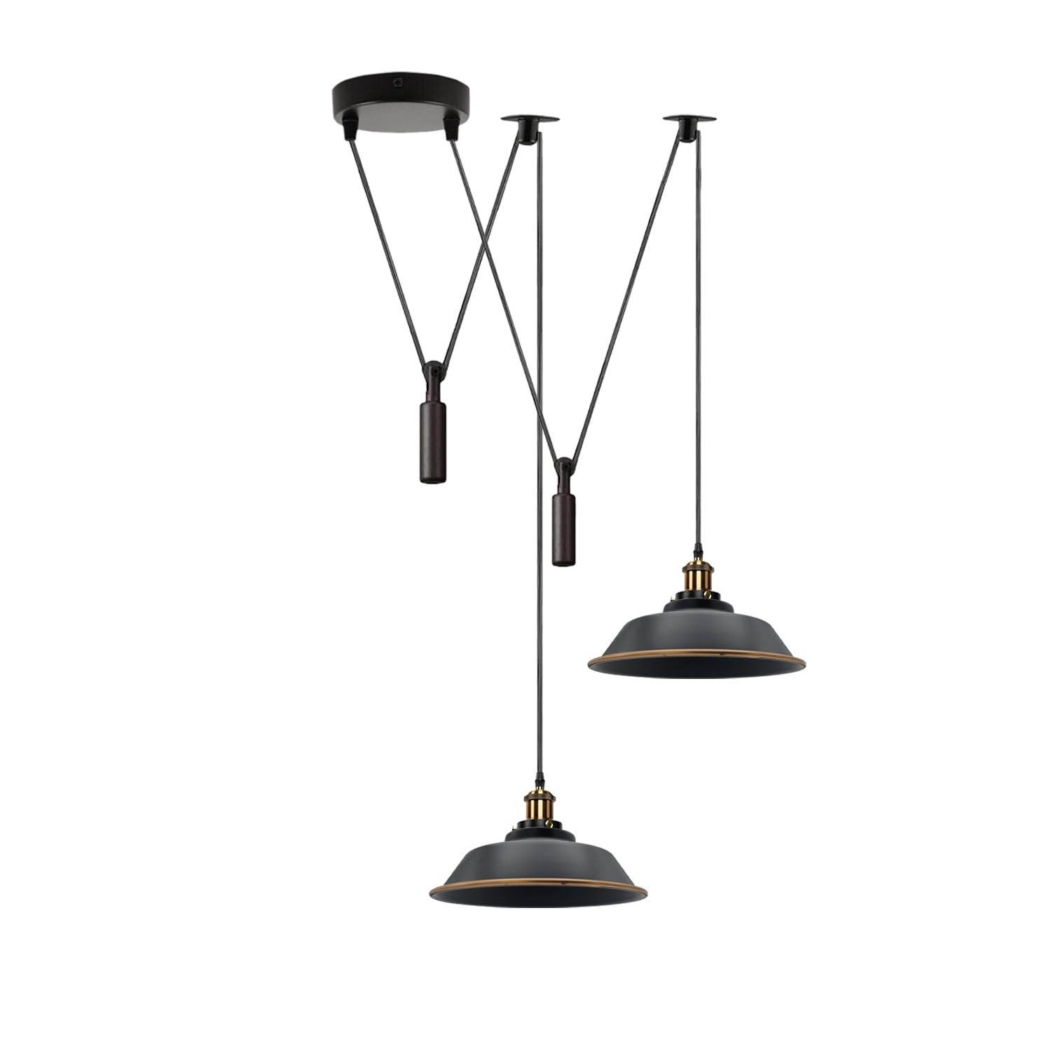 DC VOLTAGE 2 Head Ceiling Pendant Spider Light, Metal Light Shade, Adjustable 195cm Cord, Vintage Edison 60w E27 Bulb Base, Industrial Retro Lighting Island Lamp for Dinner Room Kitchen (Black Bowl)
