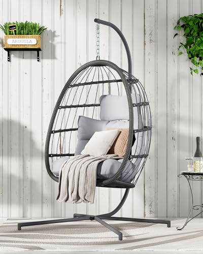 FREDEES Egg Swing Chair with Stand, Outdoor Hanging Egg Chair with Cushion for Patio/Porch/Balcony/Indoor (Light Gray)