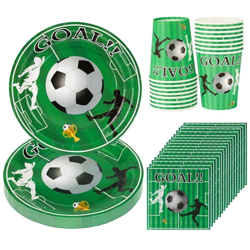 52 Pezzi Forniture per Decorazioni Compleanno Calcio, 16 Ospiti Tema Prato Verde Calcio Stoviglie per Feste Addobbi Compleanno Bambino Include Piatti Tazze Tovaglioli Decorazioni