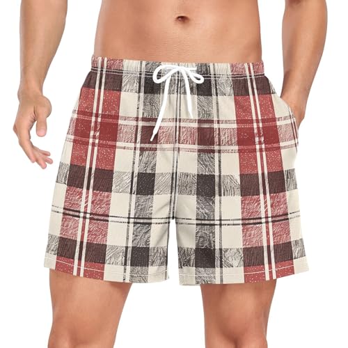 Mens Swim Trunks with Liner, Plaid Pattern Retro Cool Quick Dry Beach Swim Shorts, Swimwear Bathing Suits S