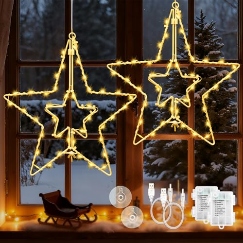 Isisyu LED Sterne Weihnachtsdeko Fenster, 2 Stück 40 LED Warmweiß...