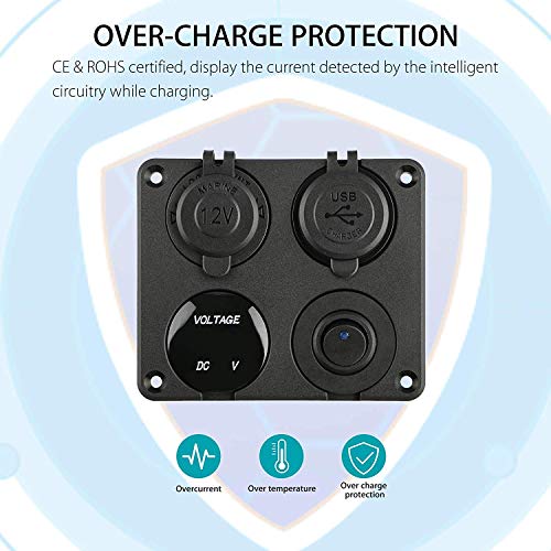 Linkstyle 4 in 1 12V Switch Panel, 4.2A Dual USB Outlet Charger Socket ON/OFF Waterproof Rocker Panel with Digital Voltmeter Cigarette Lighter Socket LED for Car Marine RV Boat Truck Trailer GPS, Blue - Image 5