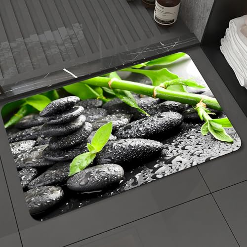 DALEXHM Tapis de Bain 40x60 cm, antidérapant,Doux,Absorbant l'eau,en Microfibre,pour la Salle de Bain,Lavable en Machine,Pierres Zen Noires et Plante dans l'eau