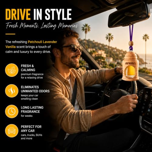Image of AREON Fresco Premium Hanging Car Air Freshener, Patchouli Lavender Vanilla | Premium Wooden Hanging Car Air Freshener with an Elegant, Compact Design. Suitable for Use in Cars, SUVs, Vans, and Trucks.