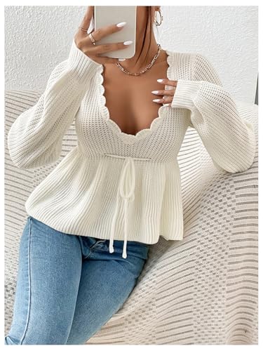 WDIRARA Women's Tie Front Ruffle Pullover Sweater Deep V Neck Long Lantern Sleeve Knitted Peplum Tops4