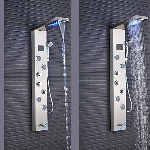 Columna de Ducha de Acero Inoxidable con Panel LED, Sistema de Ducha Cascada y Lluvia con 6 Funciones y Chorros miniatura 1