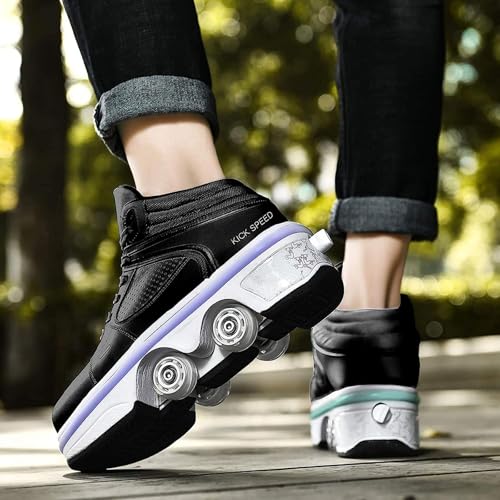Image of Automatic Shoes Double-Row Deform Wheel Skate for Walking and Skating Invisible Deformation Roller Parkour Retractable Children's Shoes That Turn Into Rollerskates (36, LED Black)
