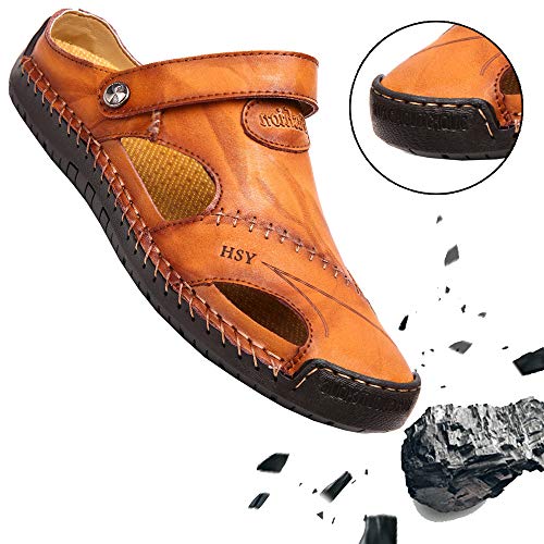 KINOW Mens Casual Closed Toe Leather Sandals Outdoor Sports Beach Slippers Flat Shoes3