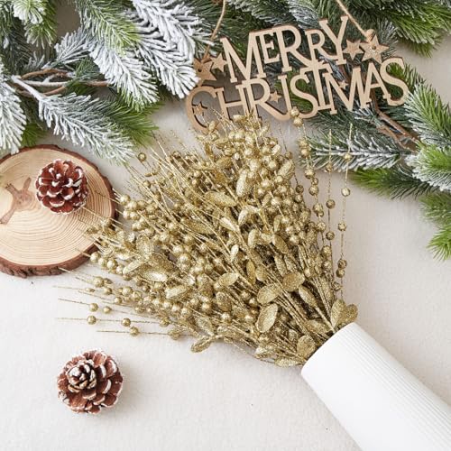 CristBest 24-Pack Christmas Tree Picks Ornaments, Artificial Glitter Berry Stem Glittery Twigs Ornaments for Christmas Tree Decorations, Small Vase, Holiday, Wedding, Party Decorations (Gold) - image 3