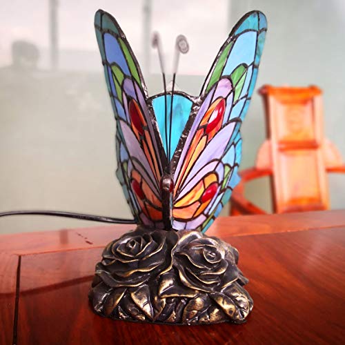 Fumat FMTL190105-4 Bedside Table Lamp Led Tiffany Blue Fairy Butterfly Nightstand Table Lamps Stained Glass Shade On Off Switch Home Office Desk Lamp Night Light Girl Grandma Mothers Day Gifts W/Gift Box thumb #5