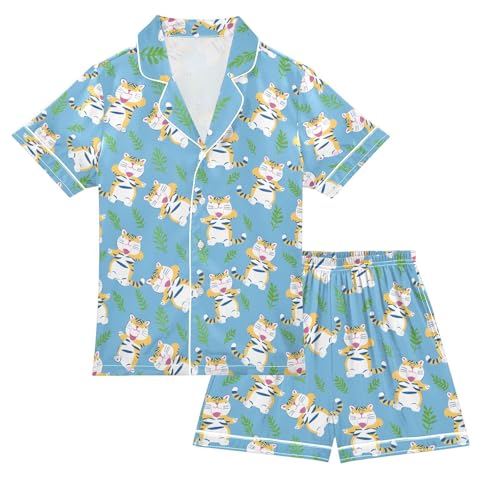 ALAZA Tiger Blue Pajamas Satin Pajama Set Short Sleeve Button Down Sleepwear